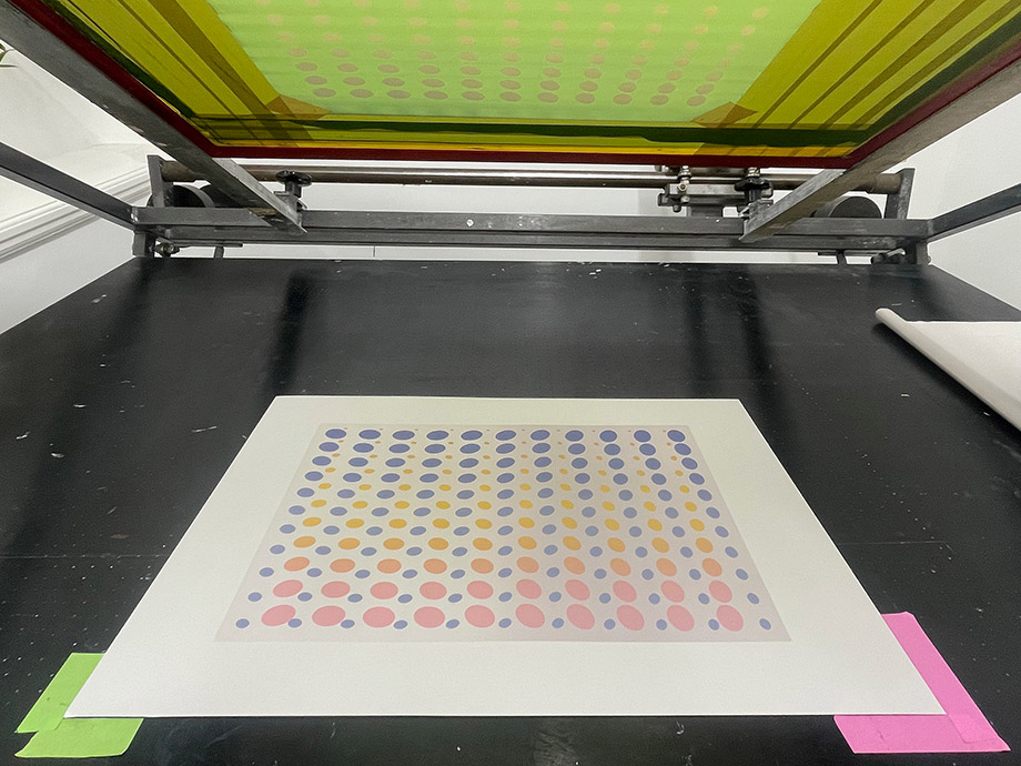 Print in progress (3 colours) drying on rack